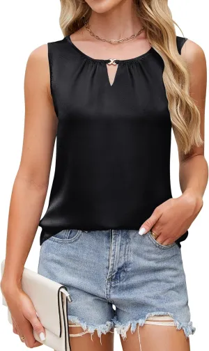 Blooming Jelly Women's Summer Tank Top Business Casual Outfits Dressy Work Blouses Satin Sleeveless Keyhole Shirts