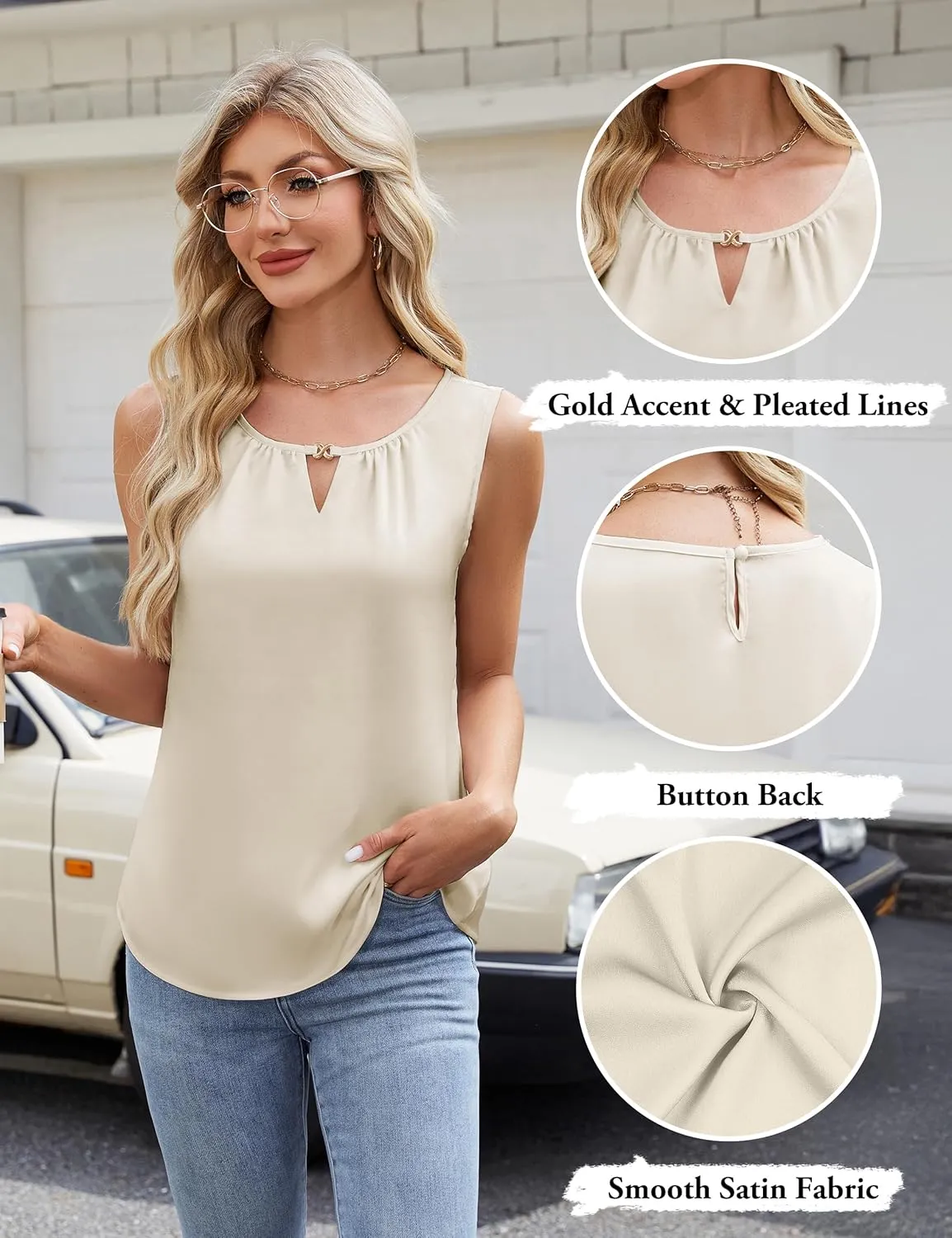 Blooming Jelly Women's Summer Tank Top Business Casual Outfits Dressy Work Blouses Satin Sleeveless Keyhole Shirts