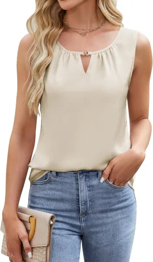 Blooming Jelly Women's Summer Tank Top Business Casual Outfits Dressy Work Blouses Satin Sleeveless Keyhole Shirts