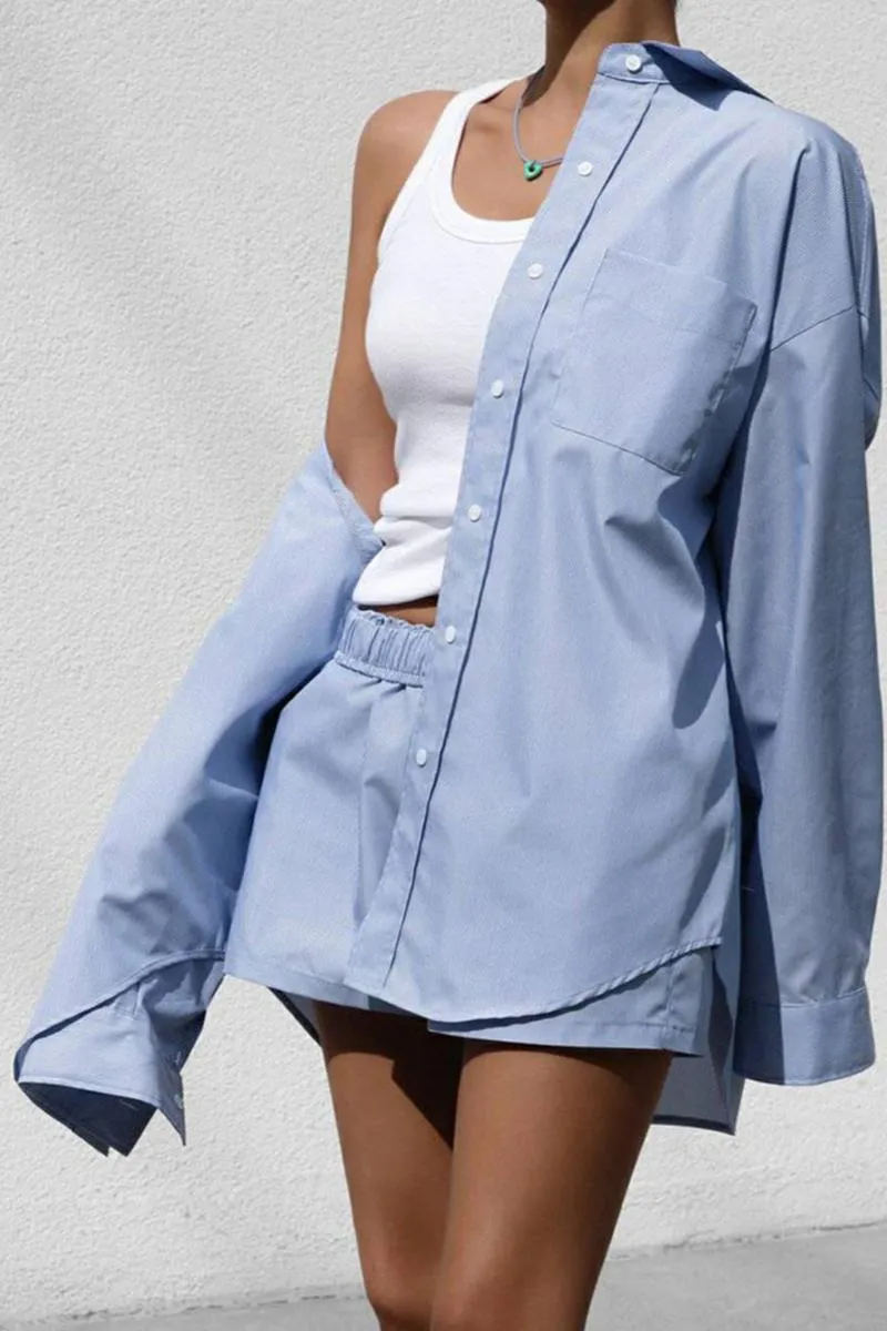 Blue Elegant Long Sleeve Shirt Set
