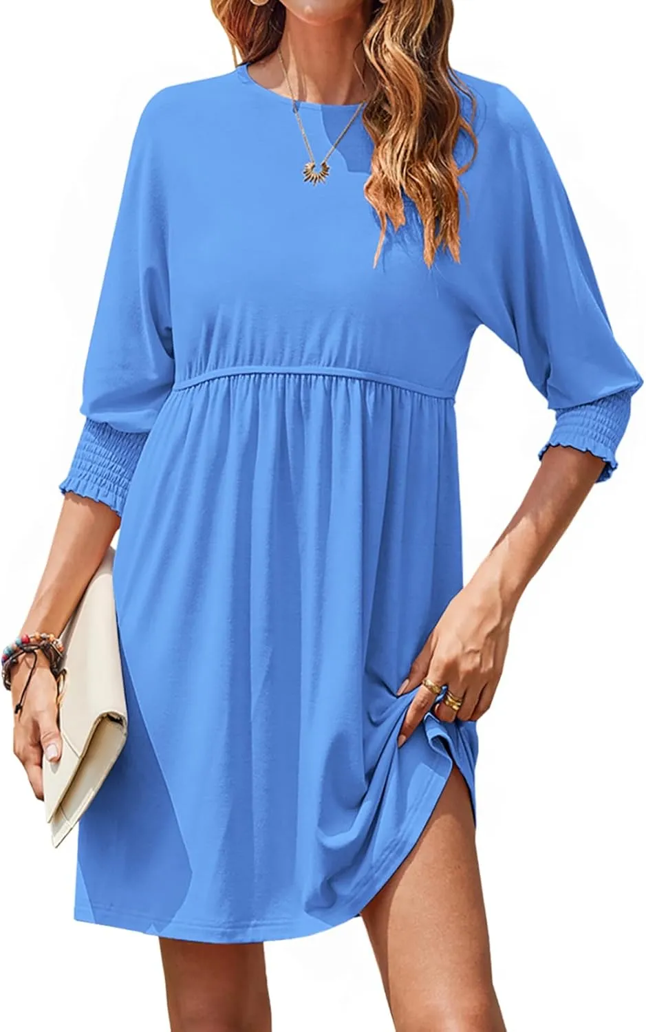 Bluetime Womens Summer Tunic Dress Crew Neck Casual 3/4 Sleeve Short Babydoll Loose Flowy Dresses