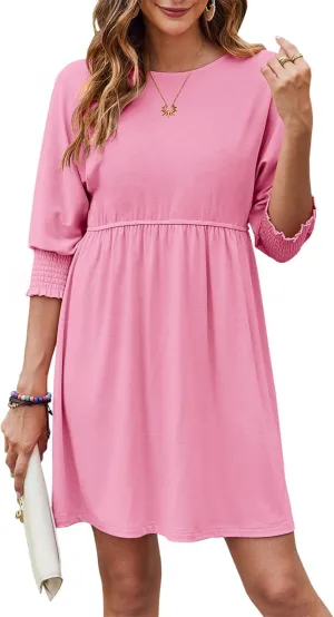 Bluetime Womens Summer Tunic Dress Crew Neck Casual 3/4 Sleeve Short Babydoll Loose Flowy Dresses