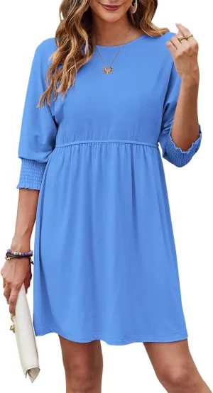 Bluetime Womens Summer Tunic Dress Crew Neck Casual 3/4 Sleeve Short Babydoll Loose Flowy Dresses