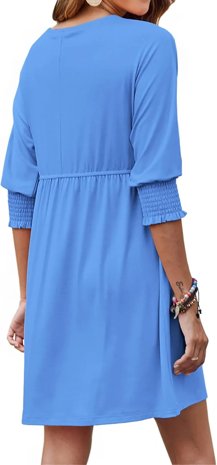 Bluetime Womens Summer Tunic Dress Crew Neck Casual 3/4 Sleeve Short Babydoll Loose Flowy Dresses