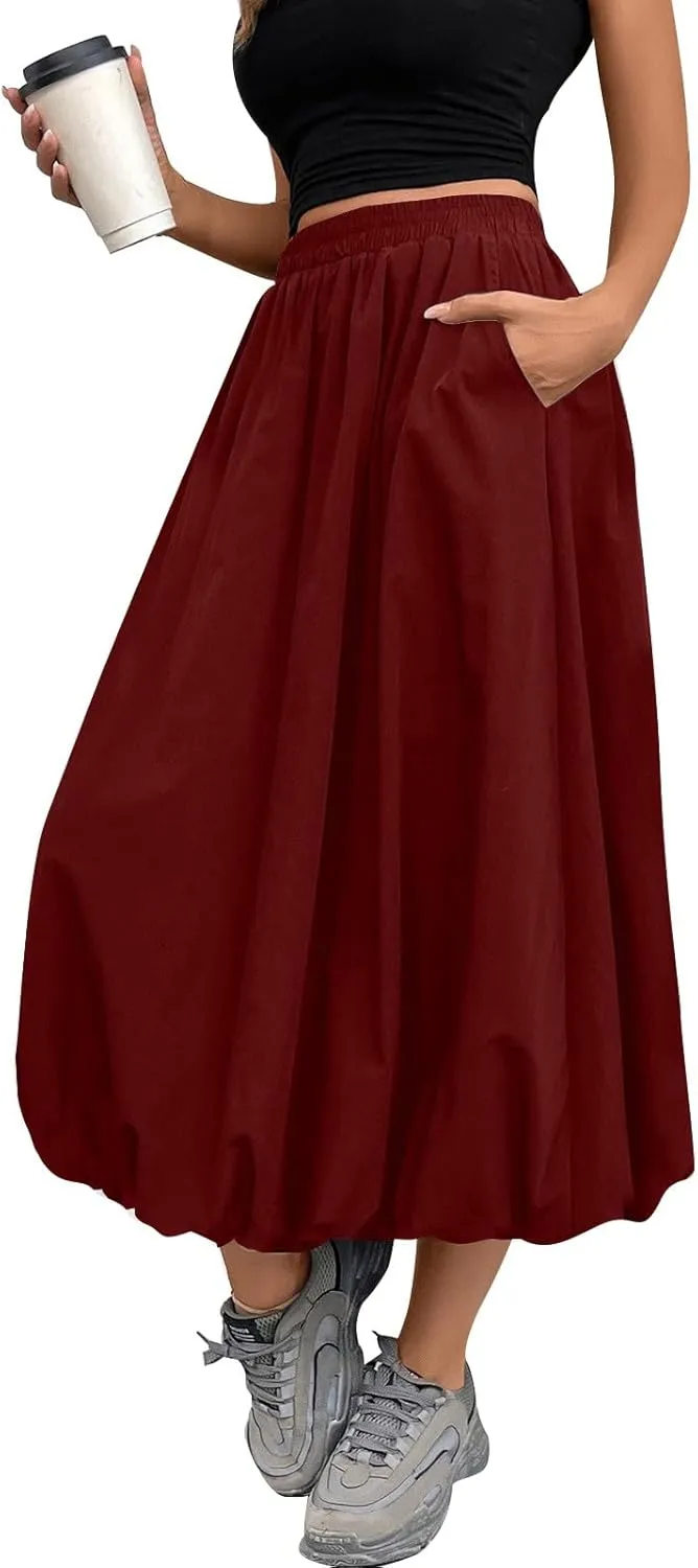 Bubble Midi Skirts for Women Elastic High Waisted Pleated Flowy Y2k Flower Pod Puffy Skirt with Pockets