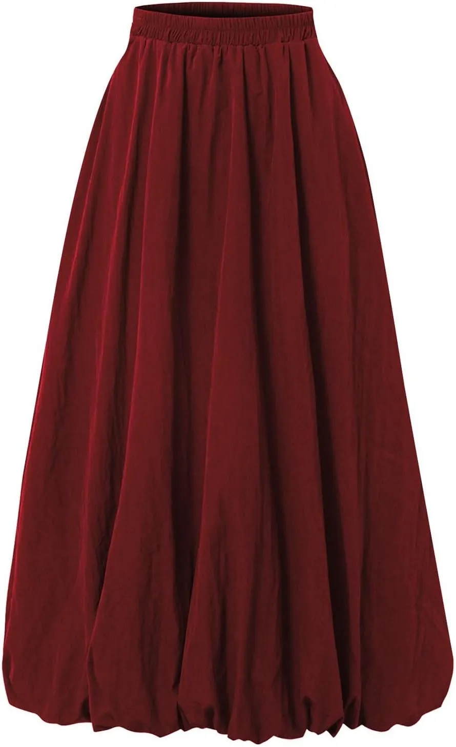 Bubble Midi Skirts for Women Elastic High Waisted Pleated Flowy Y2k Flower Pod Puffy Skirt with Pockets