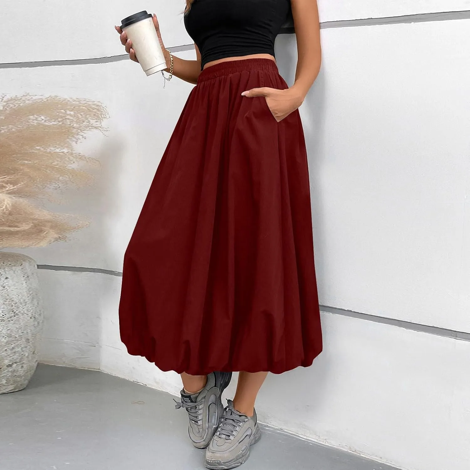 Bubble Midi Skirts for Women Elastic High Waisted Pleated Flowy Y2k Flower Pod Puffy Skirt with Pockets