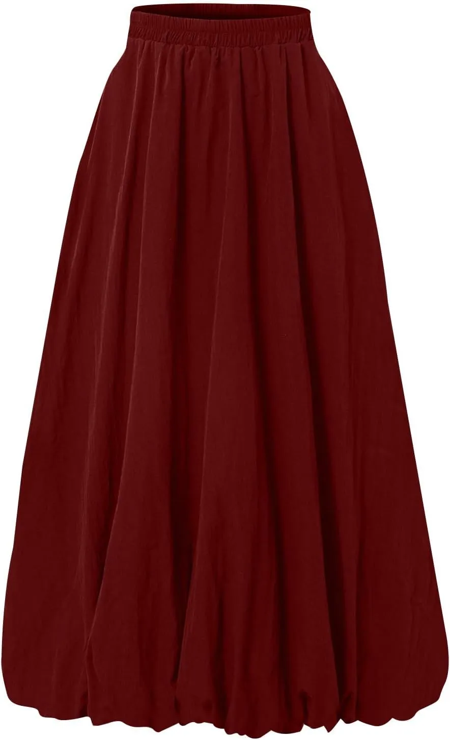 Bubble Midi Skirts for Women Elastic High Waisted Pleated Flowy Y2k Flower Pod Puffy Skirt with Pockets