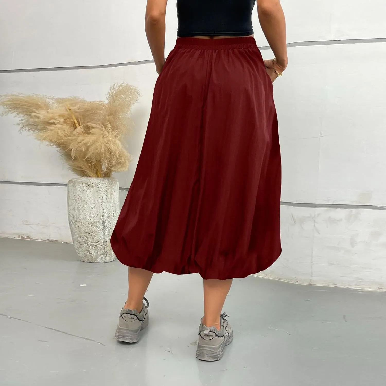 Bubble Midi Skirts for Women Elastic High Waisted Pleated Flowy Y2k Flower Pod Puffy Skirt with Pockets