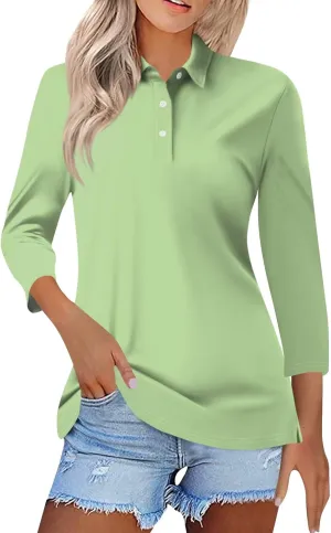 Business Casual Tops for Women Cotton V Neck 3/4 Sleeve Polo Shirts Basic Plain Slim Fitted T Shirts Cozy Workout Top