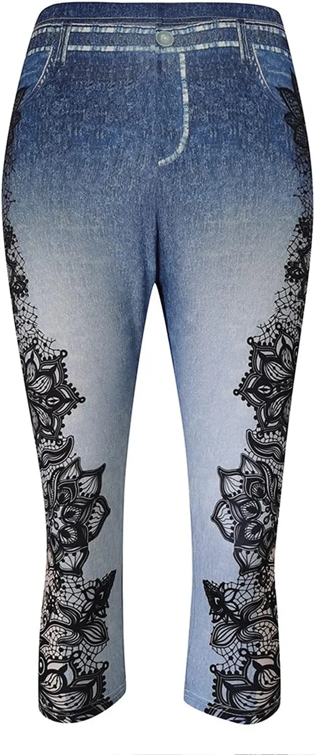 Capris for Women High Waist Jeans Yoga Leggings with Pocket Floral Pattern Capri Pants Stretch Summer Cropped Trouser