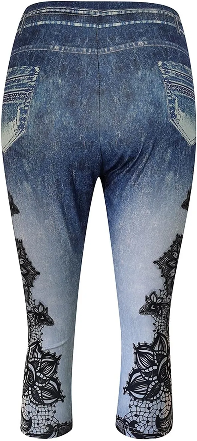Capris for Women High Waist Jeans Yoga Leggings with Pocket Floral Pattern Capri Pants Stretch Summer Cropped Trouser