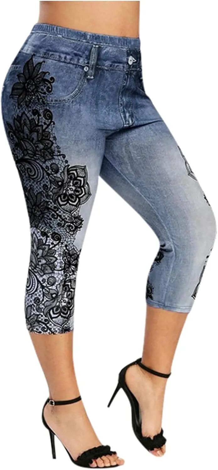 Capris for Women High Waist Jeans Yoga Leggings with Pocket Floral Pattern Capri Pants Stretch Summer Cropped Trouser