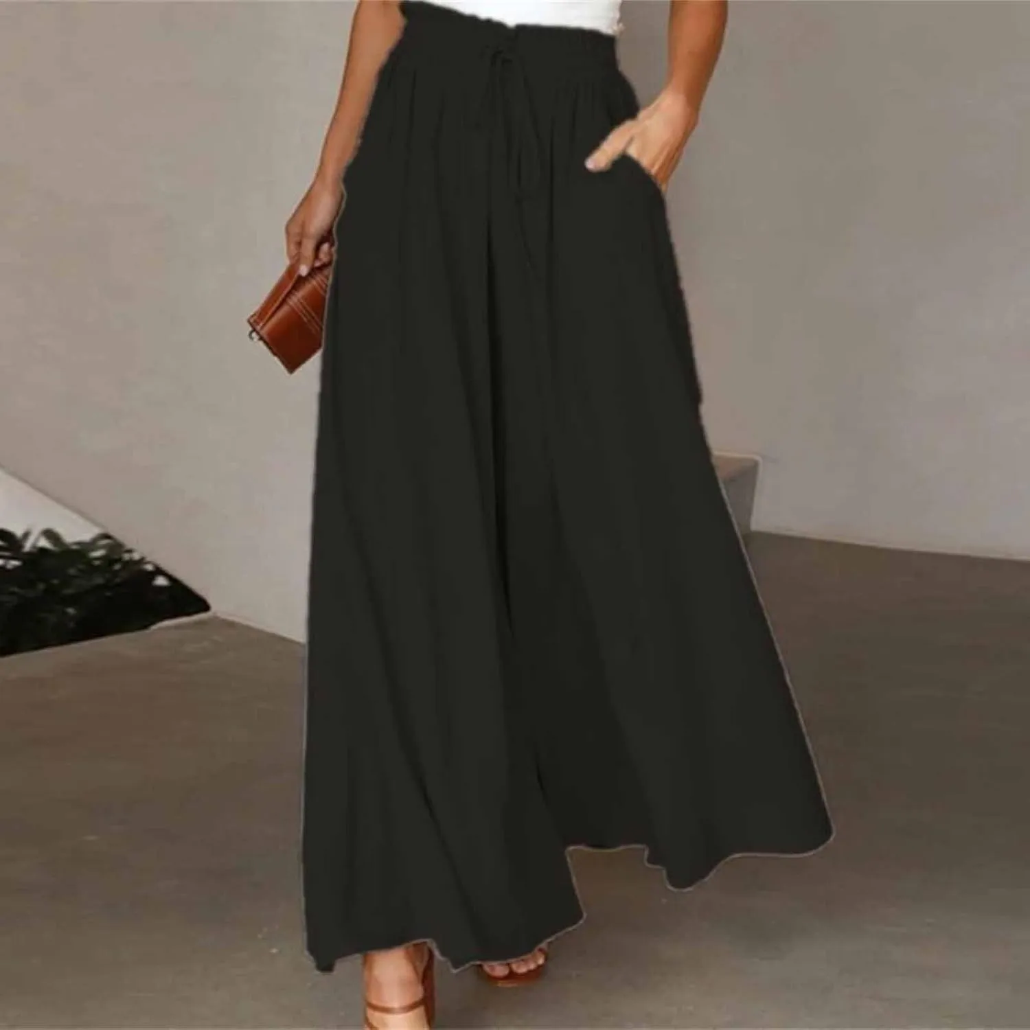 Casual Drawstring Joggers for Womens Lightweight Wide Leg Flowy Lounge Pants with Pockets Simple Stylish Cotton Linen Trouser