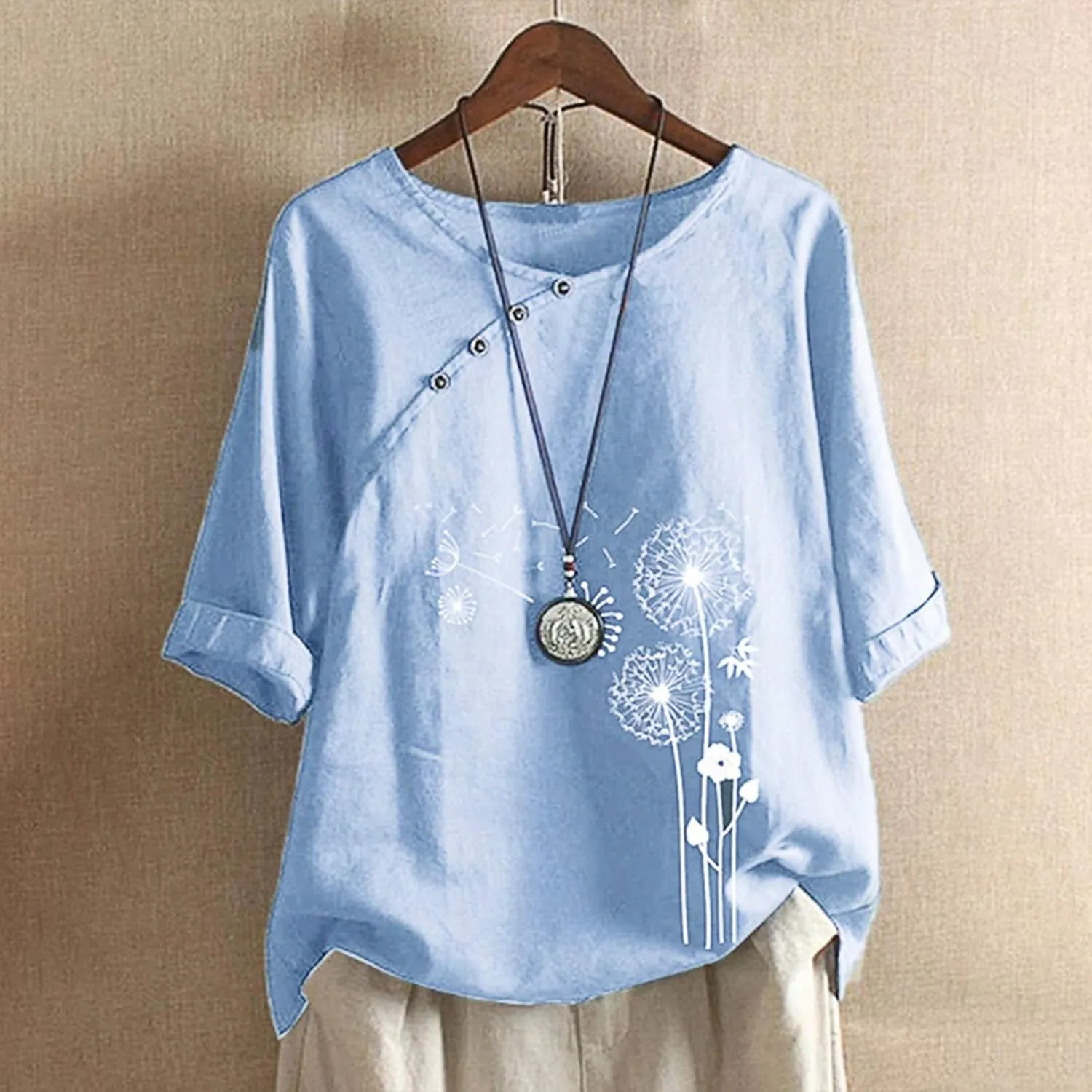 Ceboyel Women 3/4 Sleeve Cotton Linen Tops Dandelion Print Summer Blouses Dressy Causal Tunic Loose Fit Ladies Clothing 2023