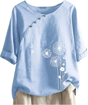 Ceboyel Women 3/4 Sleeve Cotton Linen Tops Dandelion Print Summer Blouses Dressy Causal Tunic Loose Fit Ladies Clothing 2023