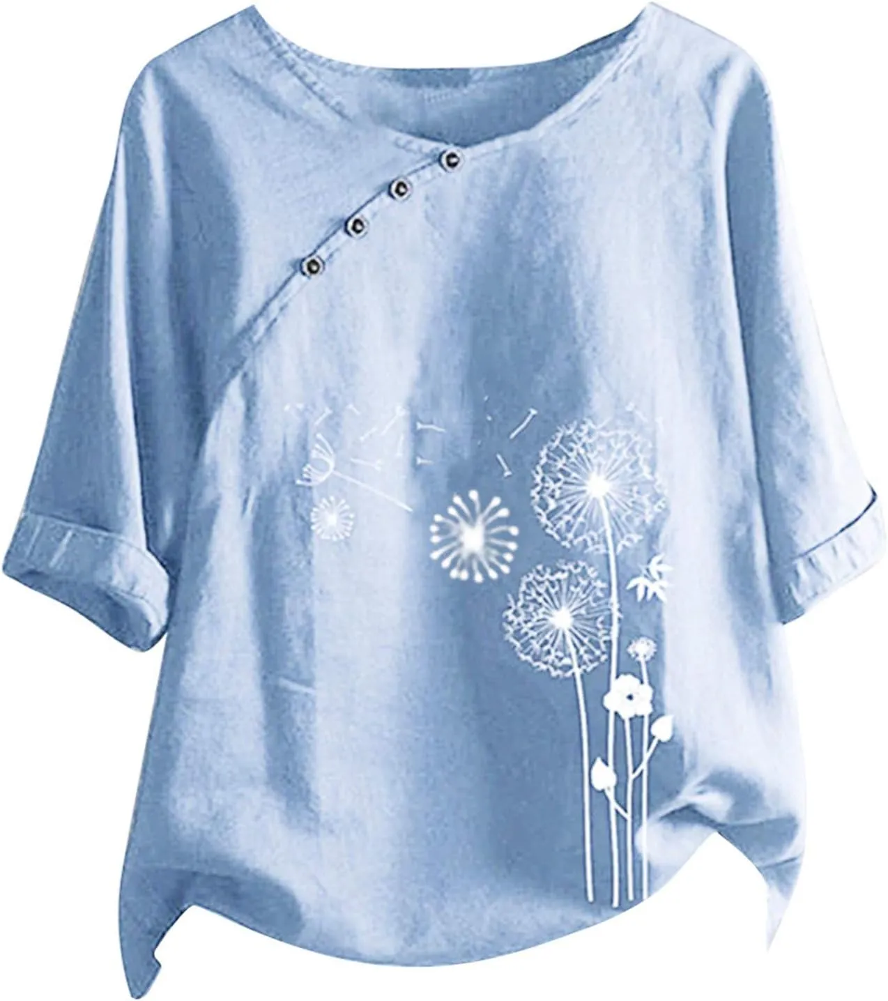Ceboyel Women 3/4 Sleeve Cotton Linen Tops Dandelion Print Summer Blouses Dressy Causal Tunic Loose Fit Ladies Clothing 2023