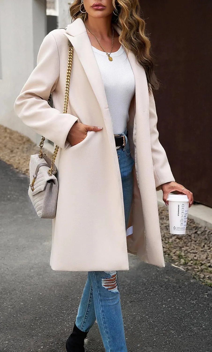 CHARTOU Women's Casual Long Blazer Jacket Wool Blend 1 Button Loose Fit Trench Pea Coat