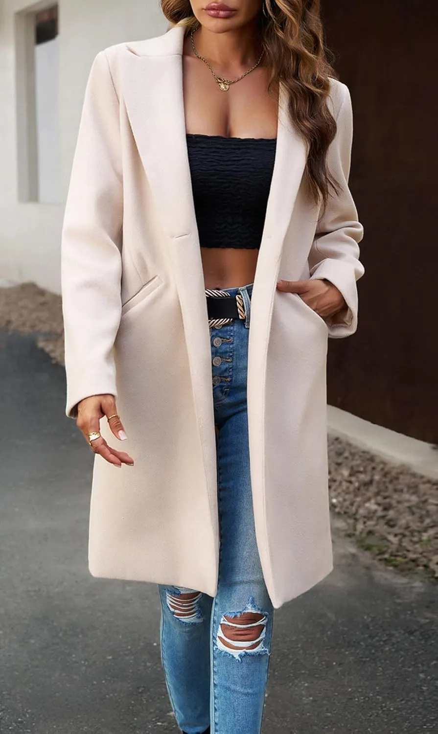 CHARTOU Women's Casual Long Blazer Jacket Wool Blend 1 Button Loose Fit Trench Pea Coat