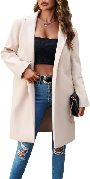 CHARTOU Women's Casual Long Blazer Jacket Wool Blend 1 Button Loose Fit Trench Pea Coat