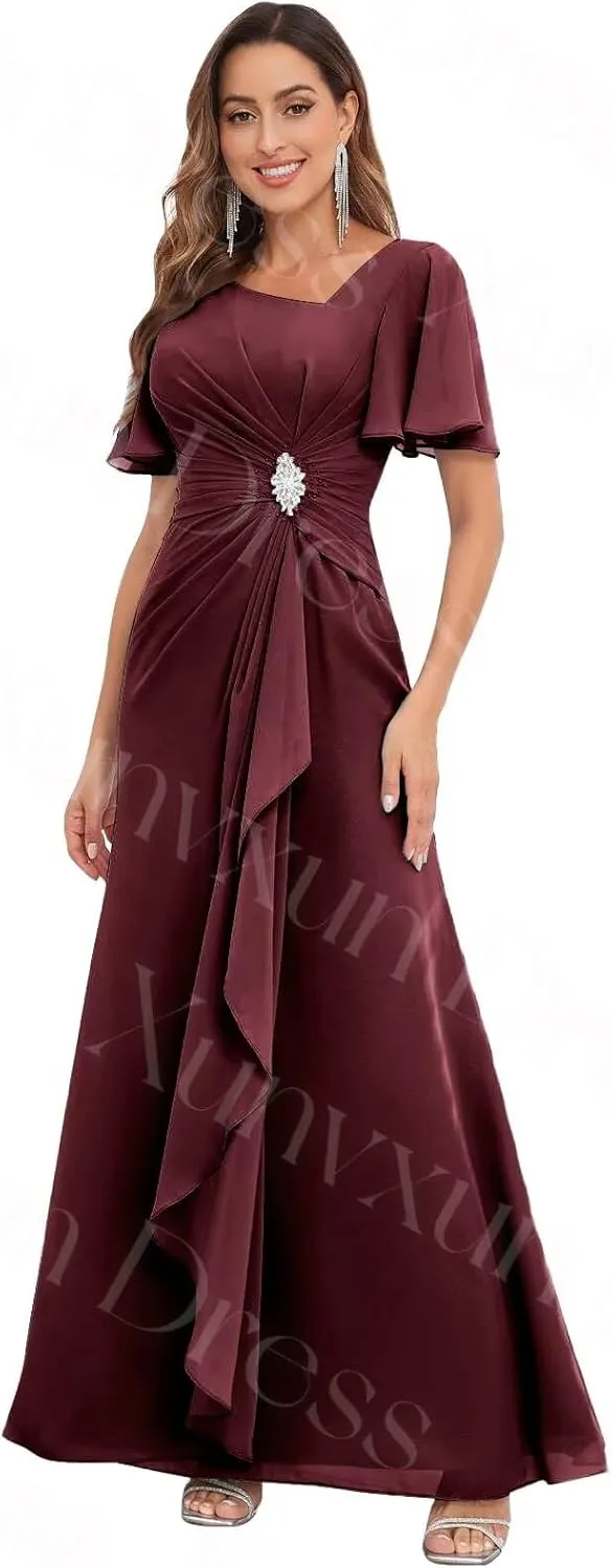 Chiffon Mother of The Bride Dresses with Flutter Sleeves Long V Neck Ruffles Beaded Ruched Formal Prom Dress