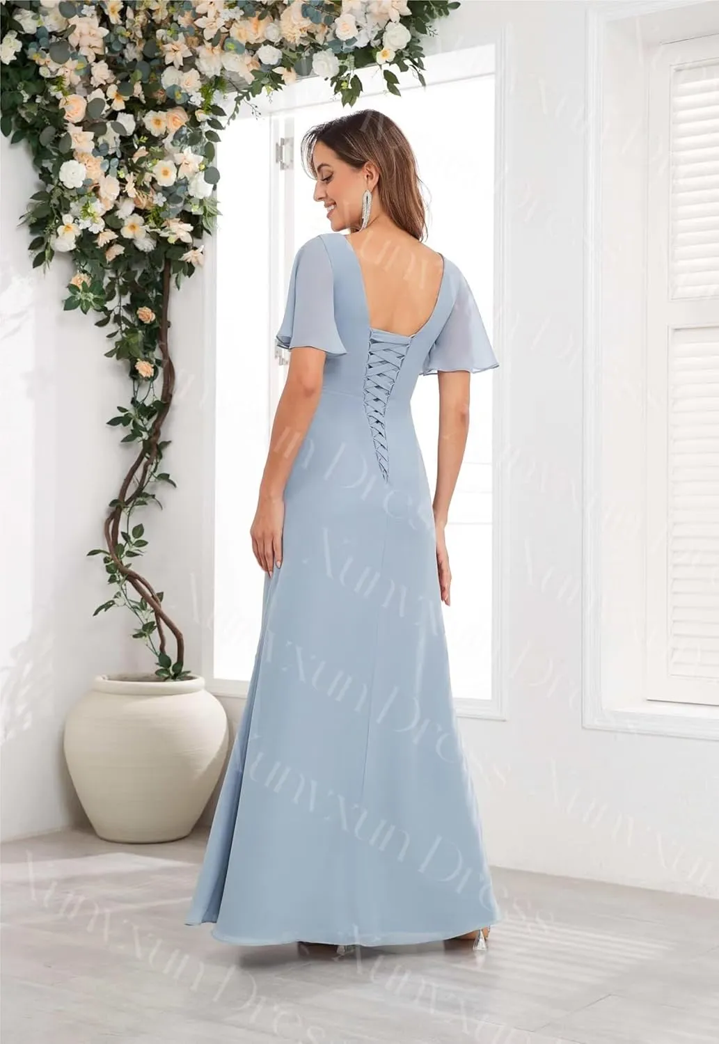 Chiffon Mother of The Bride Dresses with Flutter Sleeves Long V Neck Ruffles Beaded Ruched Formal Prom Dress