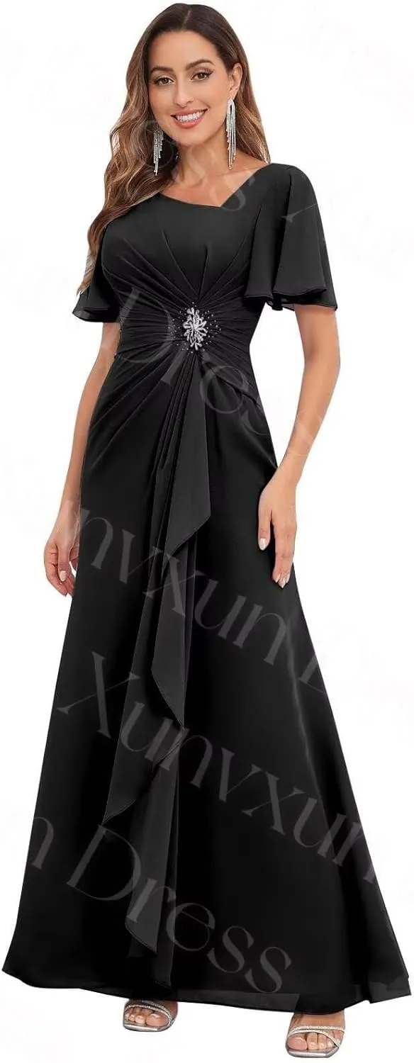 Chiffon Mother of The Bride Dresses with Flutter Sleeves Long V Neck Ruffles Beaded Ruched Formal Prom Dress