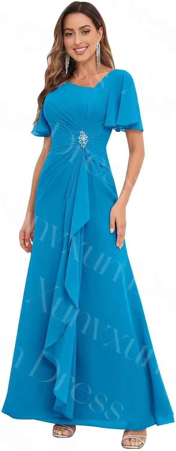 Chiffon Mother of The Bride Dresses with Flutter Sleeves Long V Neck Ruffles Beaded Ruched Formal Prom Dress
