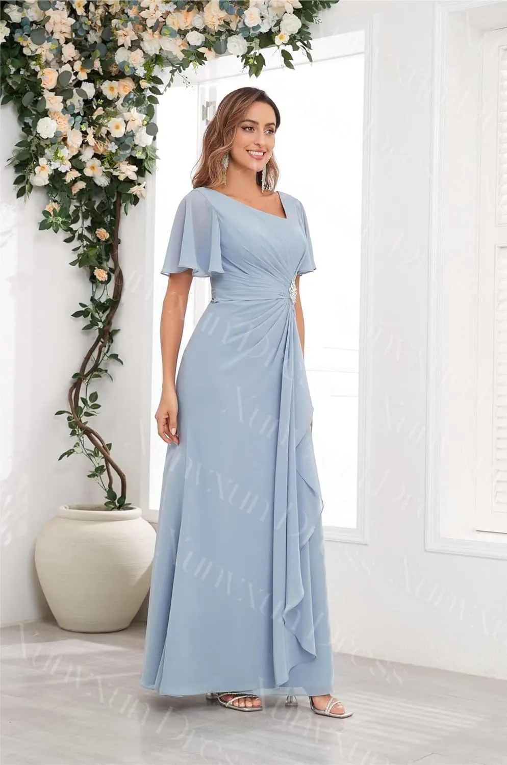 Chiffon Mother of The Bride Dresses with Flutter Sleeves Long V Neck Ruffles Beaded Ruched Formal Prom Dress
