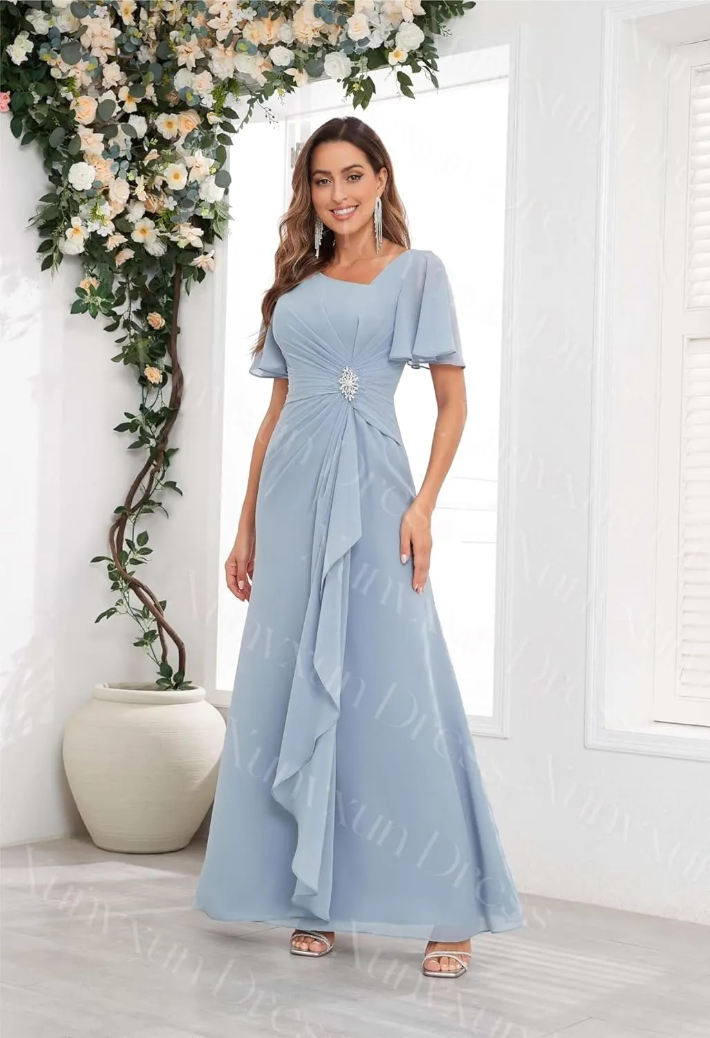 Chiffon Mother of The Bride Dresses with Flutter Sleeves Long V Neck Ruffles Beaded Ruched Formal Prom Dress