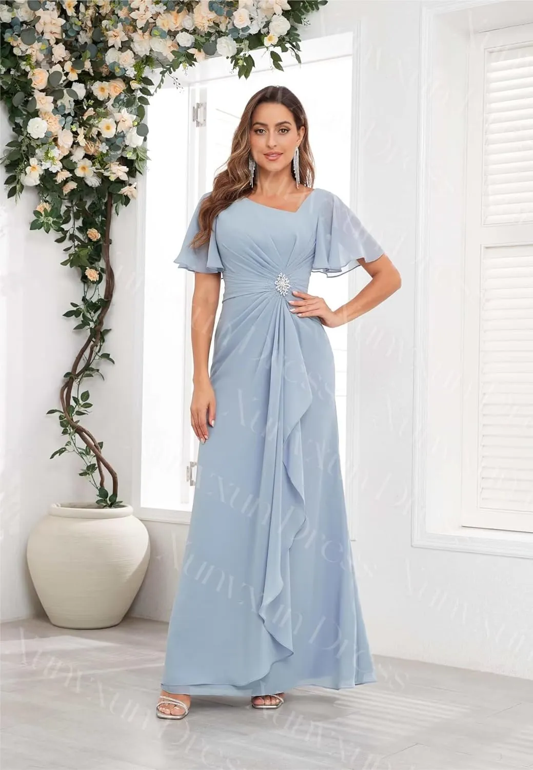 Chiffon Mother of The Bride Dresses with Flutter Sleeves Long V Neck Ruffles Beaded Ruched Formal Prom Dress