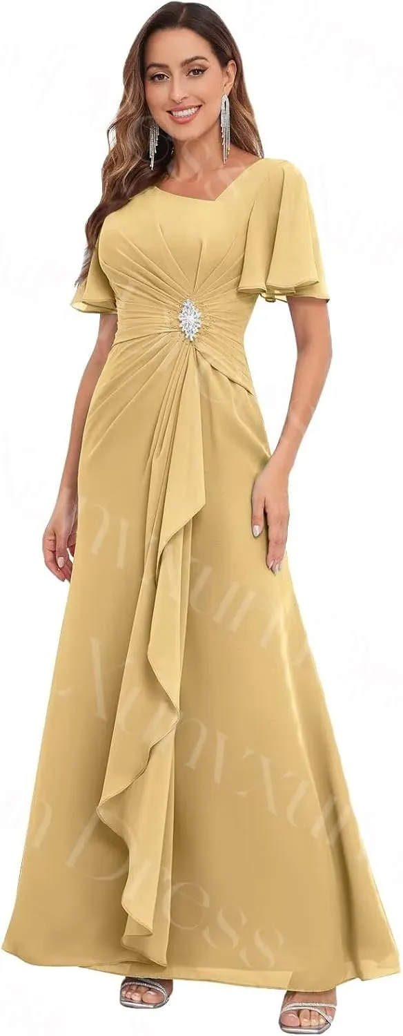 Chiffon Mother of The Bride Dresses with Flutter Sleeves Long V Neck Ruffles Beaded Ruched Formal Prom Dress