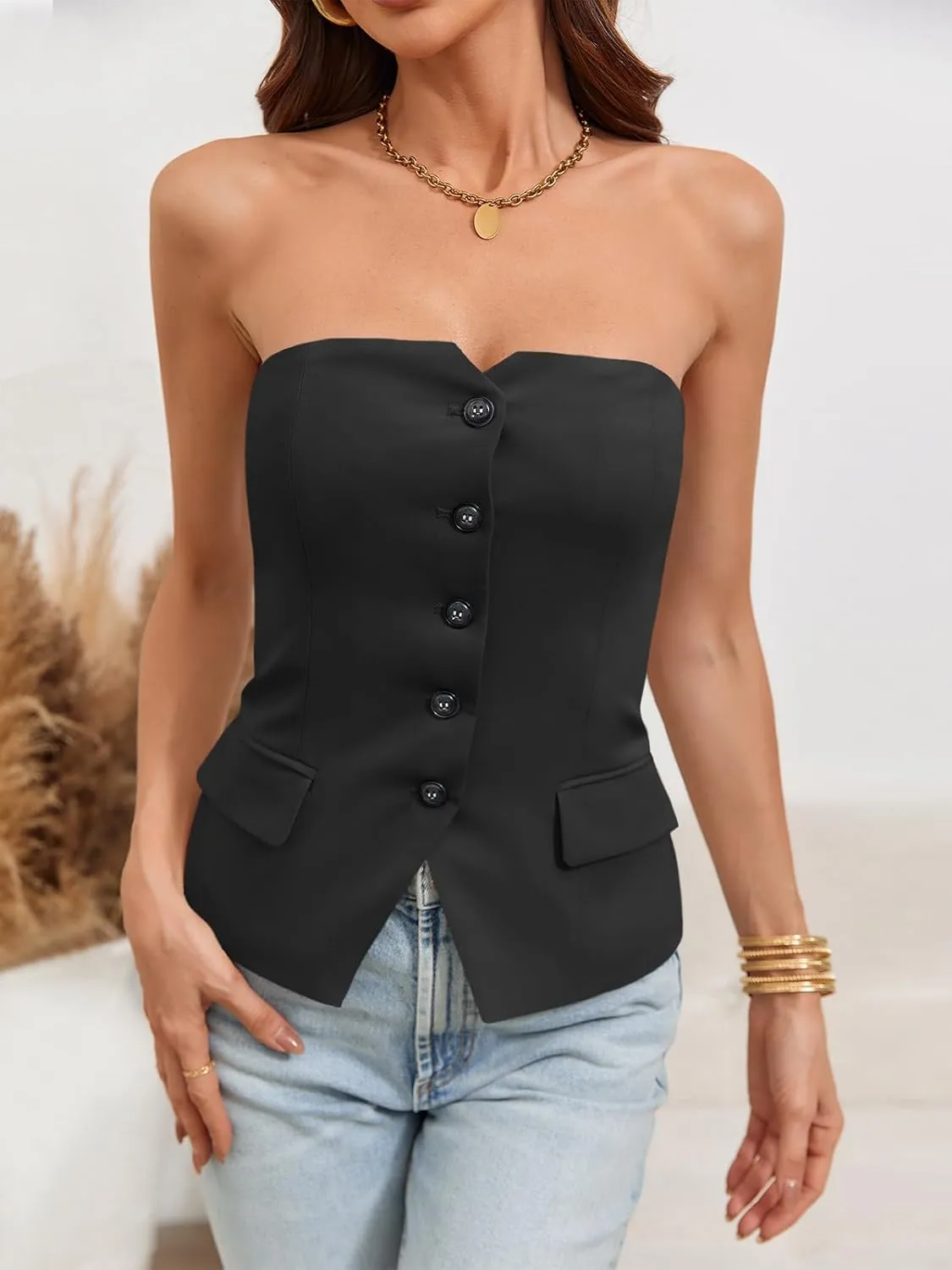 Cicy Bell Notched Neck Tube Tops Blazer Sleeveless Button Fitted Strapless Work Blazer Vest