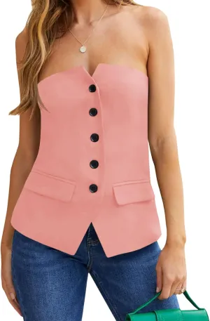 Cicy Bell Notched Neck Tube Tops Blazer Sleeveless Button Fitted Strapless Work Blazer Vest