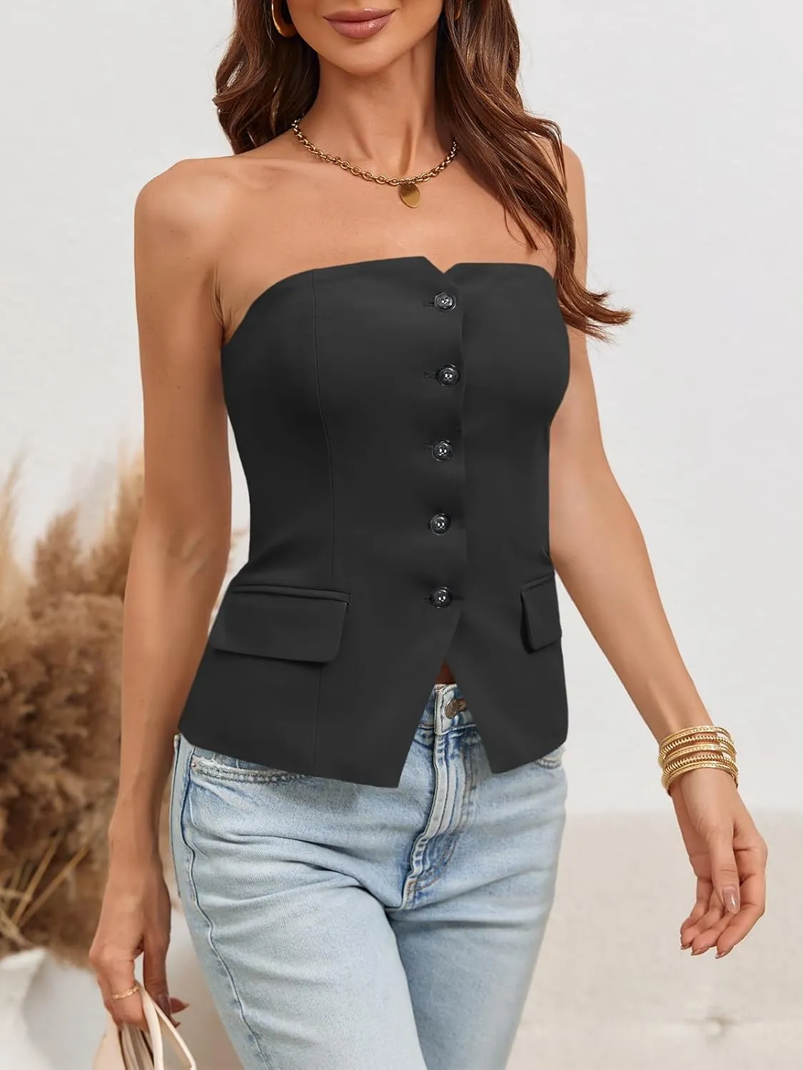 Cicy Bell Notched Neck Tube Tops Blazer Sleeveless Button Fitted Strapless Work Blazer Vest