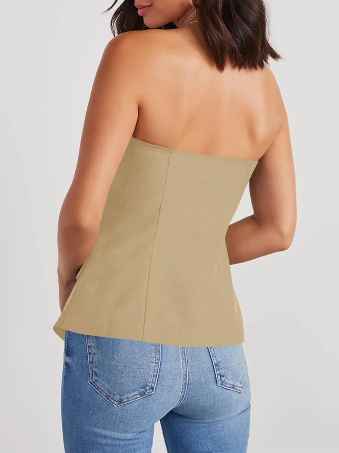 Cicy Bell Notched Neck Tube Tops Blazer Sleeveless Button Fitted Strapless Work Blazer Vest