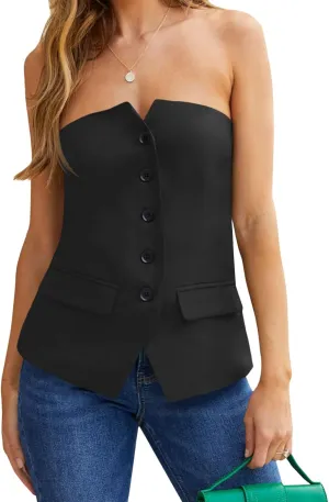 Cicy Bell Notched Neck Tube Tops Blazer Sleeveless Button Fitted Strapless Work Blazer Vest