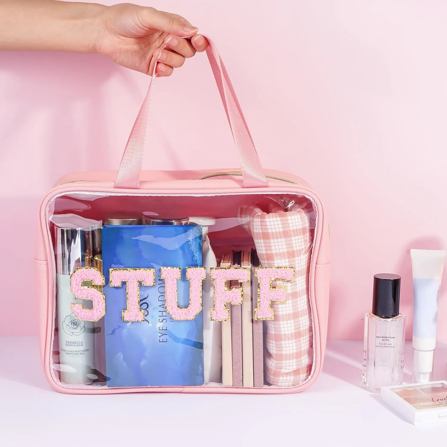 Clear Makeup Bag Transparent Cosmetic Bag Organizer for Women Waterproof Travel Toiletry Bag Portable Make up Bag with Chenille Letter, Large, Pink