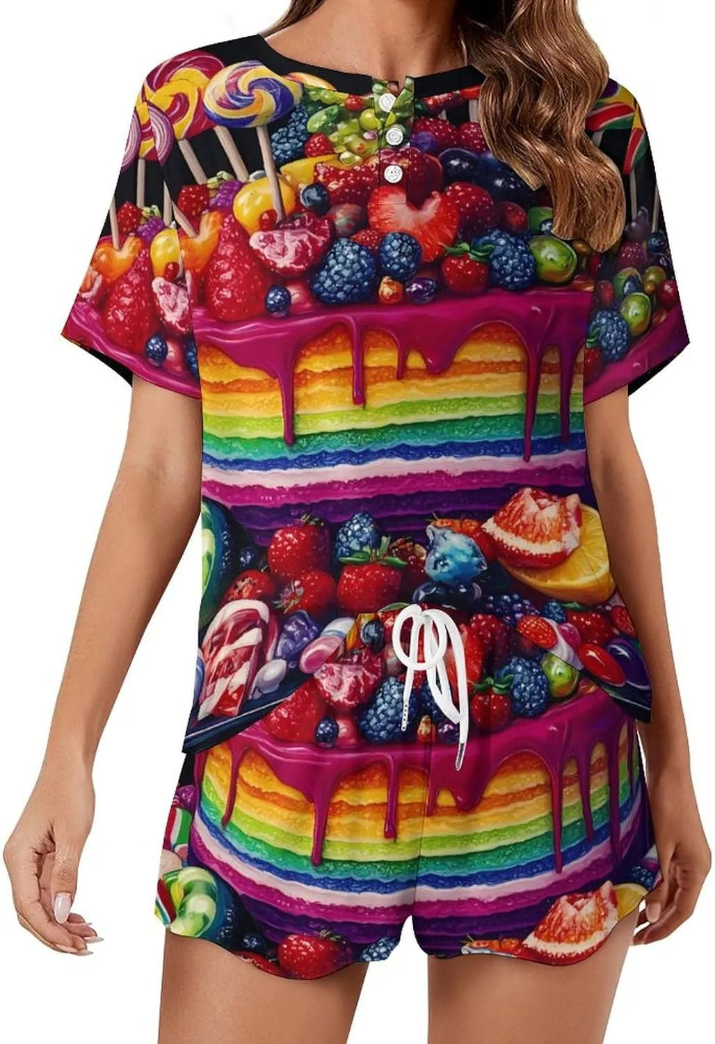 Colorful Birthday Cake Pajamas for Women Set Short Sleeve Top And Shorts Lounge Sleepwear Loungewear 2Pcs Pj Sets