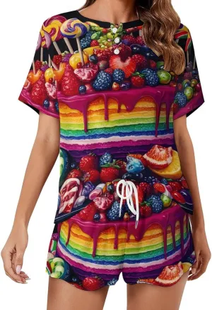 Colorful Birthday Cake Pajamas for Women Set Short Sleeve Top And Shorts Lounge Sleepwear Loungewear 2Pcs Pj Sets