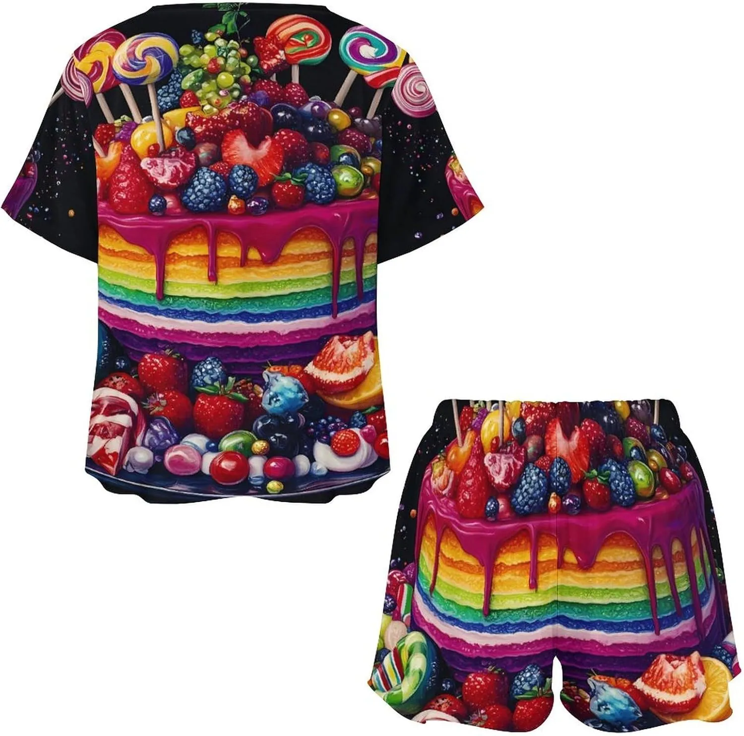 Colorful Birthday Cake Pajamas for Women Set Short Sleeve Top And Shorts Lounge Sleepwear Loungewear 2Pcs Pj Sets