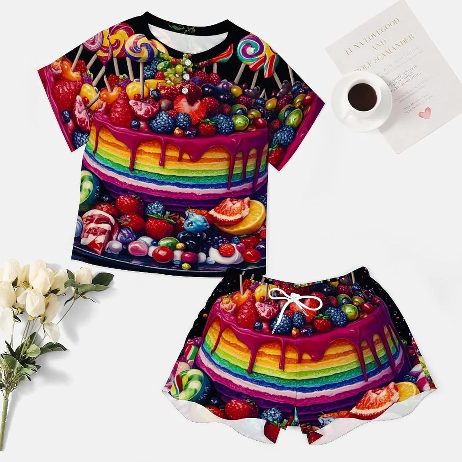 Colorful Birthday Cake Pajamas for Women Set Short Sleeve Top And Shorts Lounge Sleepwear Loungewear 2Pcs Pj Sets