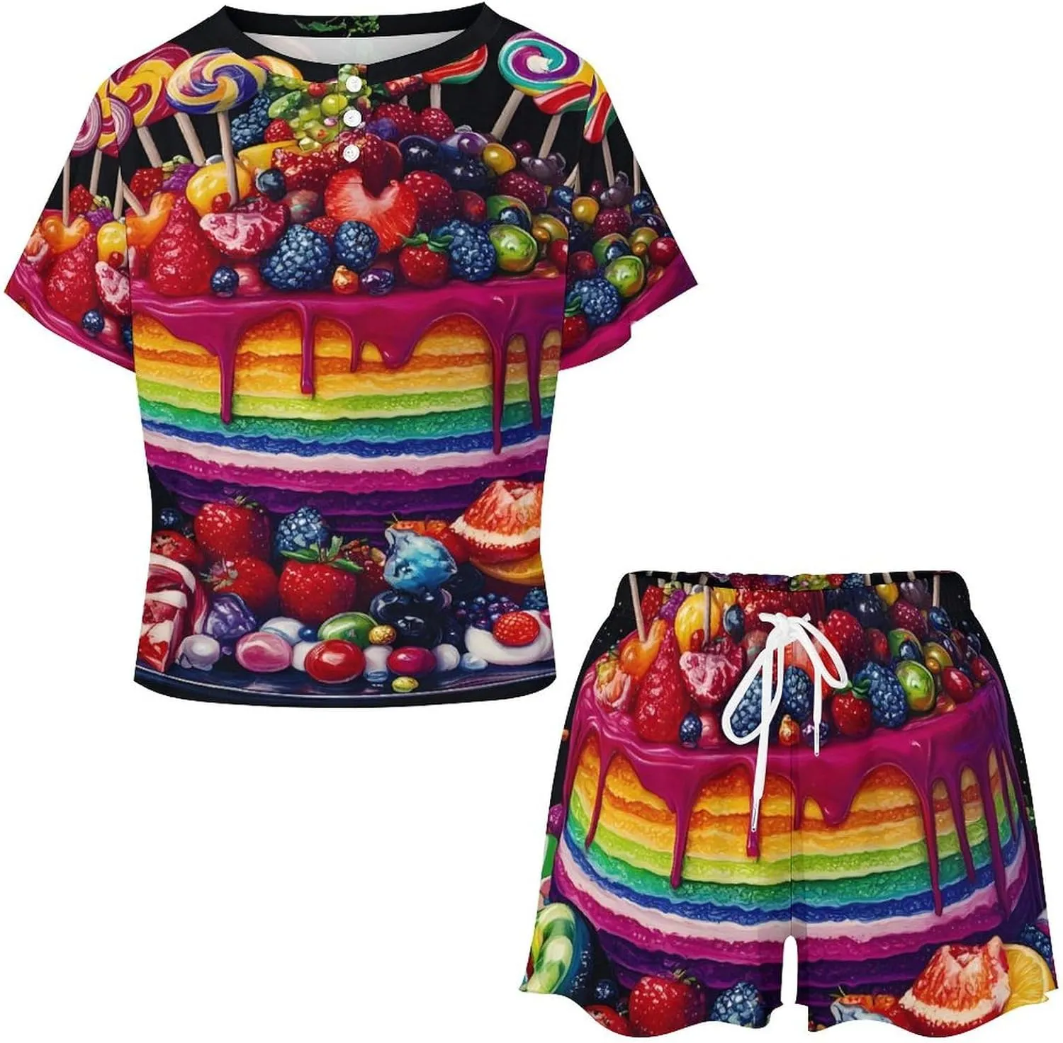 Colorful Birthday Cake Pajamas for Women Set Short Sleeve Top And Shorts Lounge Sleepwear Loungewear 2Pcs Pj Sets