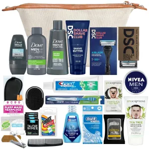 Convenience Kits International Mens Super Premium 35 PC Travel Kit Featuring: Travel-Size Hair Care Products Plus Face, Body, Oral Care, Travel Essentials in Large Ivory Canvas Toiletry Bag