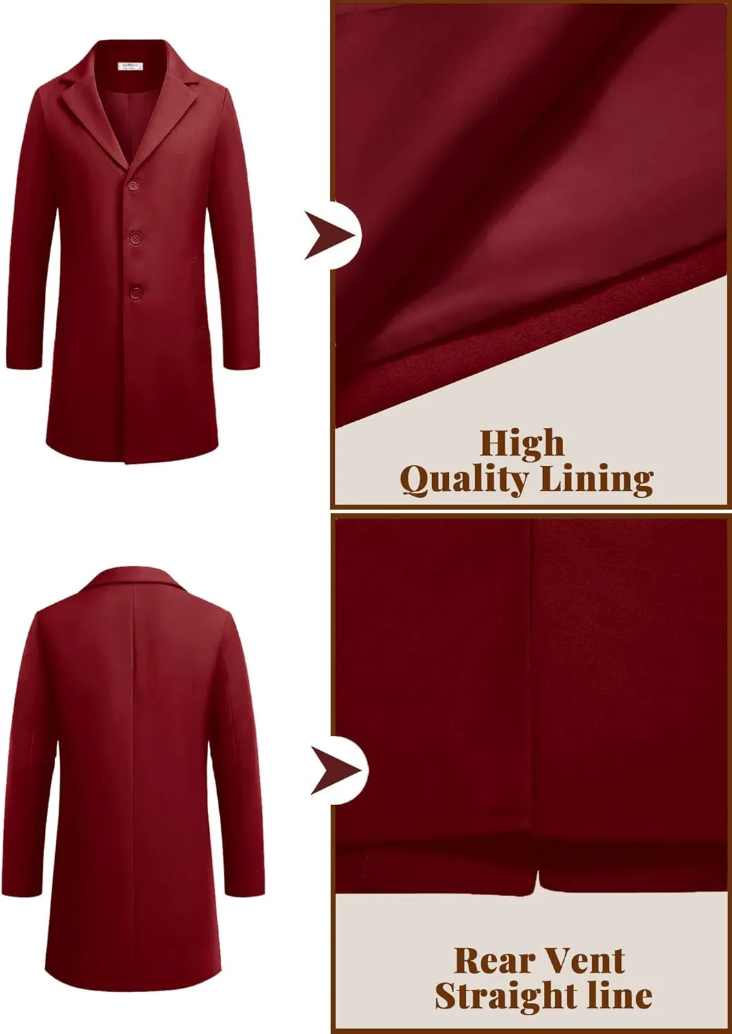COOFANDY Mens Wool Blend Coat Winter Trench Coats Notched Lapel Collar Single Breasted Overcoat Classic Peacoat With Pockets