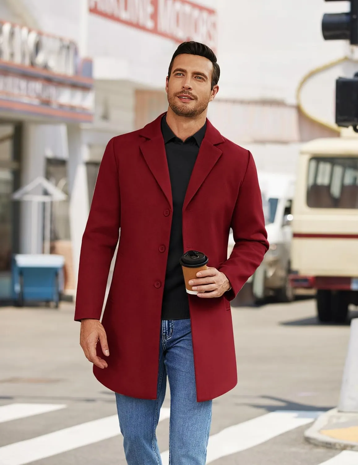 COOFANDY Mens Wool Blend Coat Winter Trench Coats Notched Lapel Collar Single Breasted Overcoat Classic Peacoat With Pockets