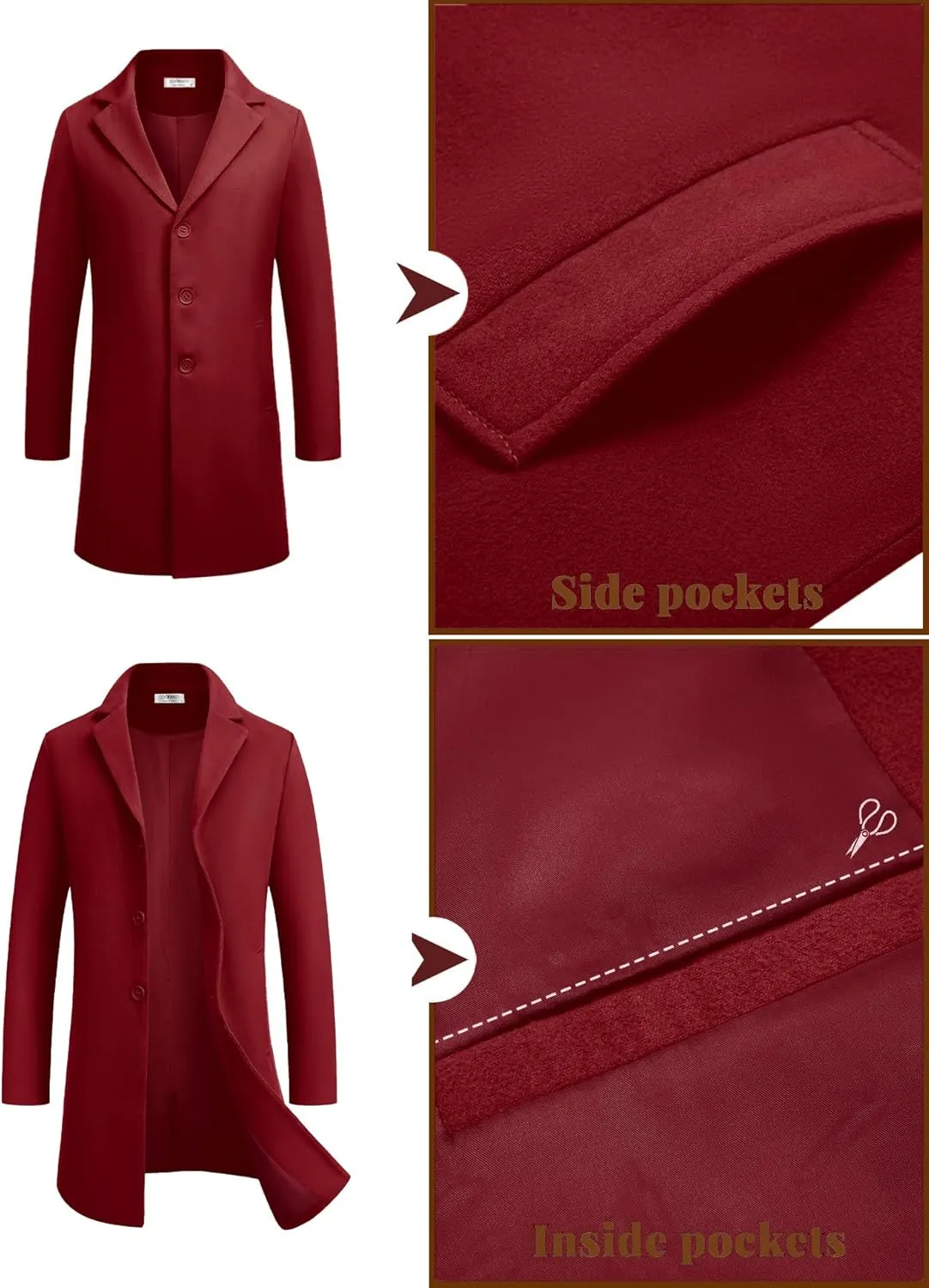 COOFANDY Mens Wool Blend Coat Winter Trench Coats Notched Lapel Collar Single Breasted Overcoat Classic Peacoat With Pockets