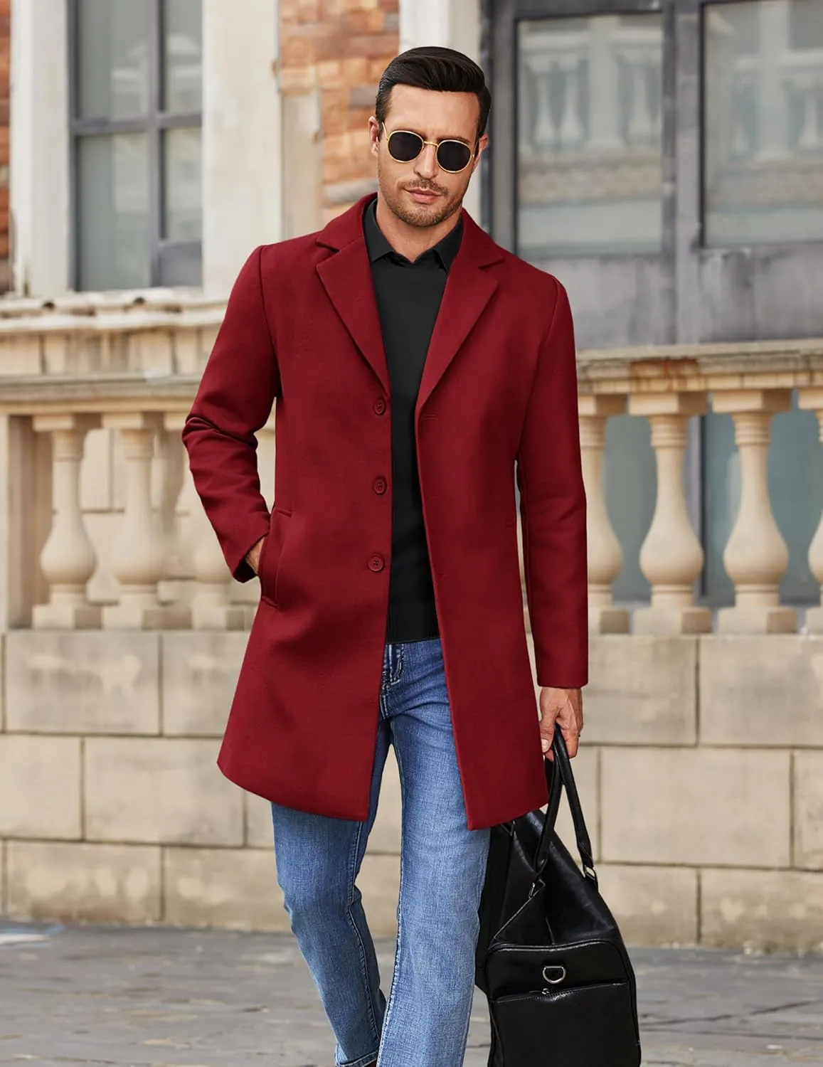 COOFANDY Mens Wool Blend Coat Winter Trench Coats Notched Lapel Collar Single Breasted Overcoat Classic Peacoat With Pockets