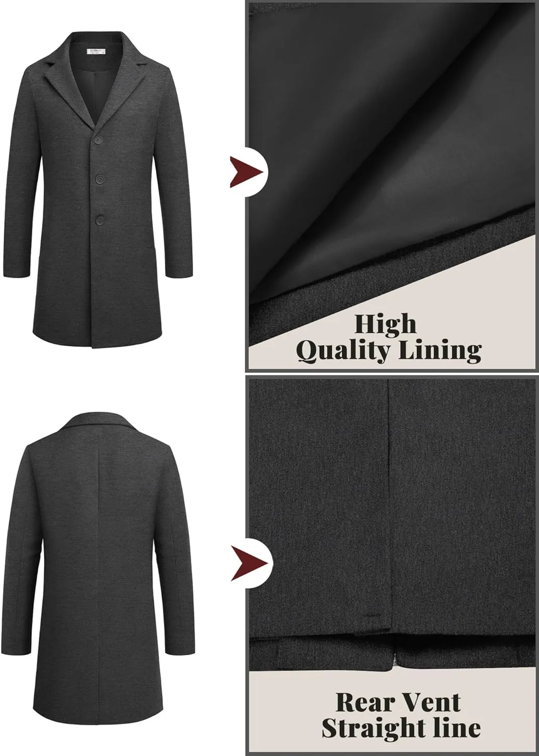 COOFANDY Mens Wool Blend Coat Winter Trench Coats Notched Lapel Collar Single Breasted Overcoat Classic Peacoat With Pockets
