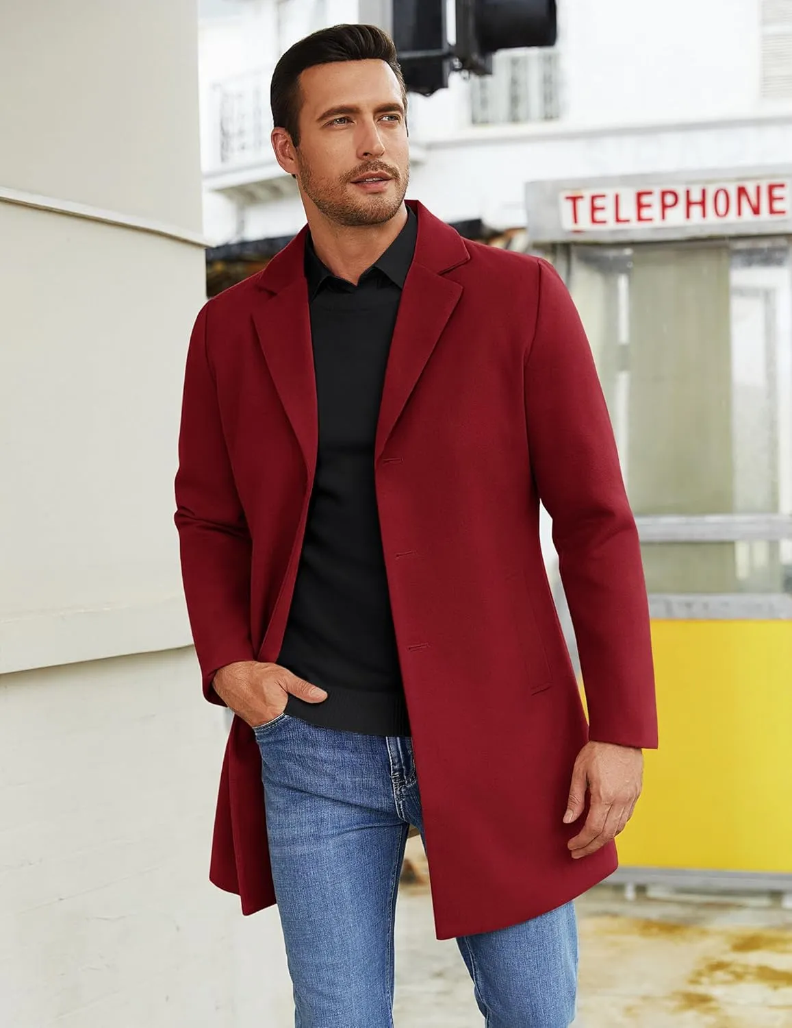 COOFANDY Mens Wool Blend Coat Winter Trench Coats Notched Lapel Collar Single Breasted Overcoat Classic Peacoat With Pockets